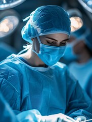 A focused surgeon in a blue surgical gown, mask, and cap performs a procedure in a well-lit operating room, demonstrating precision, expertise, and dedication to patient care