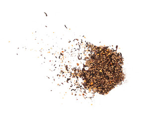 Dry black tea with hibiscus, fruits isolated. Raspberry seeds red tea, karkade flower leaves