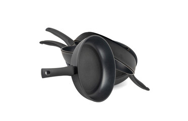 Non Stick Frying Pan Isolated, New Eempty Black Nonstick Cookware with Metal Handles Closeup