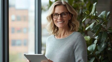The Woman with Tablet Smiling