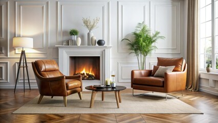 Fototapeta premium Minimalist fireplace setting: brown leather chair, neutral decor. Ideal fashion photography mockup.