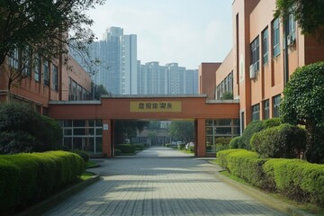 Obraz premium Urban courtyard with modern buildings and green space