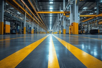 Wide industrial hallway with symmetrical design and yellow flooring