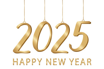 Gold sparkling numbers 2025 hanging as Christmas ornaments on a transparent background. Happy new Year greeting card. Festive holiday design, seasonal greetings and celebration.