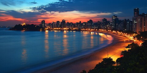 Fototapeta premium Cityscape view of a coastal skyline at sunset