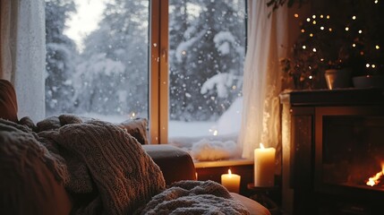 A cozy winter living room with a lit fireplace, a warm throw blanket, and snow gently falling outside the window.
