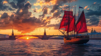 Fototapeta premium A majestic ship with red sails navigates a river at sunset, framed by a scenic skyline.