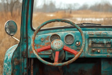 Close-up of a vintage truck steering wheel and dashboard