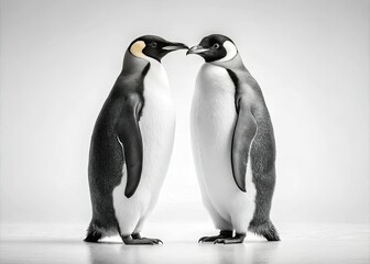 Fototapeta premium Minimalist penguin romance: A charming black and white photo of Antarctic love.