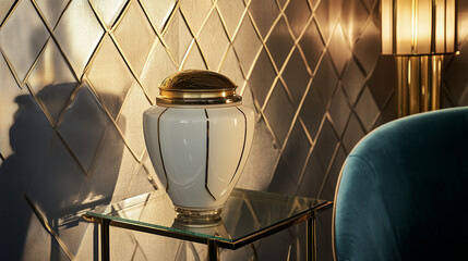 Elegant white and gold memorial urn on a glass table in warm light.