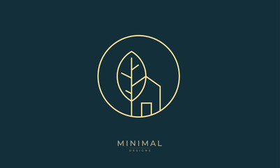A line art icon logo of a house/home with a leaf/tree	
