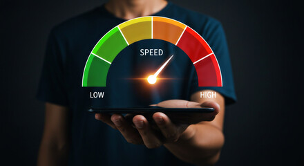 A digital speed meter displayed on a smartphone screen, with a range from low to high, representing speed evaluation, performance, and mobile technology.