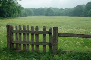 Wooden fence in a vast green meadow