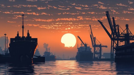 Dawn at the Shipping Port, large cargo ships and cranes silhouetted against a vibrant sky, bustling maritime activity begins anew