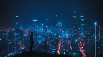 Obraz premium Smart digital city with connection cyber security network reciprocity over the cityscape . future smart wireless digital city and social media networking systems that connects people within the city