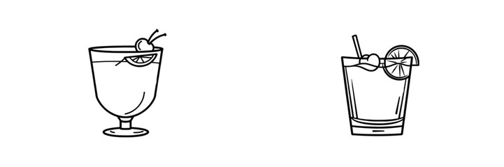 A contemporary sketch of an old-fashioned cocktail, depicted in black and white, isolated for illustration.