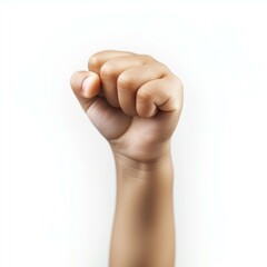Child's hand making fist gesture, conveying concepts of power, strength, and resistance, isolated on white