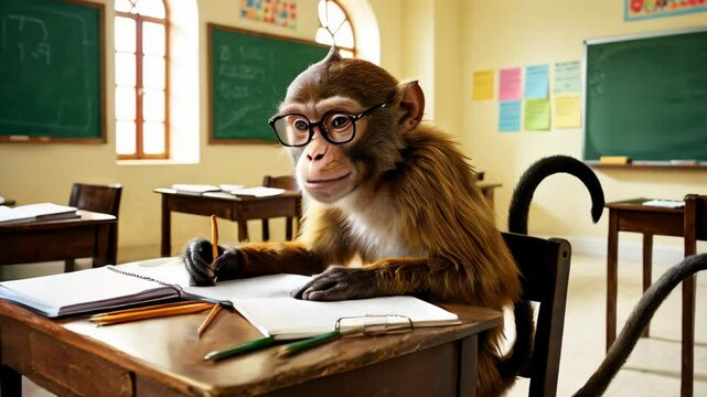 Monkey wearing glasses sitting at a desk in a classroom with books and pencils. Education and humor concept.
