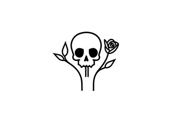 A contemporary engraving sketch of a human skull framed by flowers, crafted in a woodcut style for tattoo and print design.