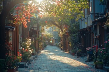Charming narrow street with sunlight filtering through trees