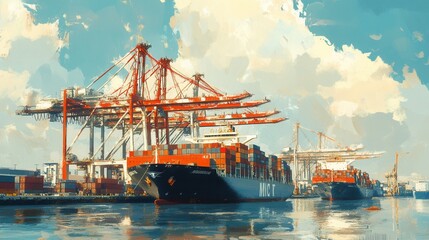 Naklejka premium Vibrant shipping hub, towering cranes, cargo ships, bustling activity, containers stacked high, maritime industry in full swing