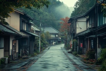 Fototapeta premium Empty street in a small rural town with mist