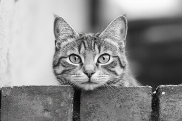 Grayscale portrait of a cat on a wall