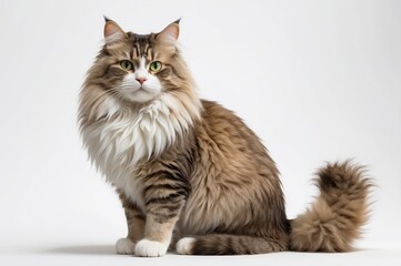Longhair tabby cat sitting on white background.