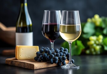 [Wine and cheese table setup] Cozy Wine and Cheese Night: Rich Red Wine, Artisanal Blue Cheese, Fresh Parsley, Crisp Grapes on Wooden Board