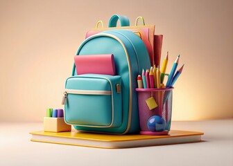 Fototapeta premium 3D School Backpack & Stationery Render