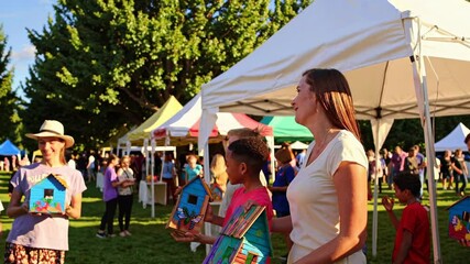 Families enjoy crafting colorful birdhouses at a vibrant outdoor festival in a community park during the evening