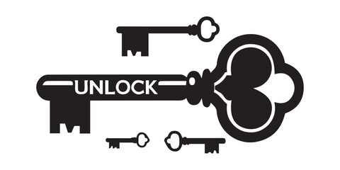 A simple, black and white graphic of a decorative antique key with the word 