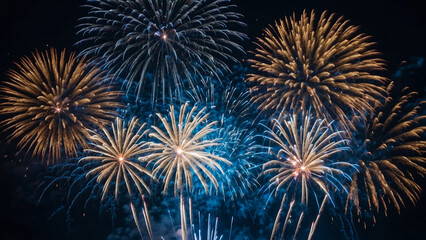 Naklejka premium Multicolored bright festive fireworks in the night sky.