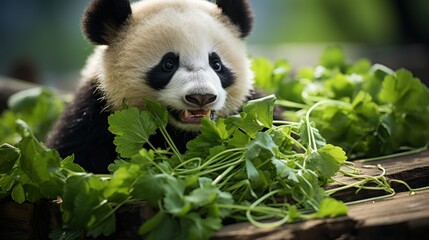 Fototapeta premium Adorable Panda Cub Enjoying a Delicious Meal of Fresh Greens