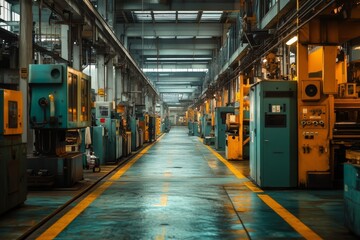 Fototapeta premium Expansive factory interior with machinery and assembly lines