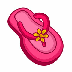 Vector graphic illustration of cute pink kids flip flops with yellow flower decoration on the strap. Perfect for kids themed designs.