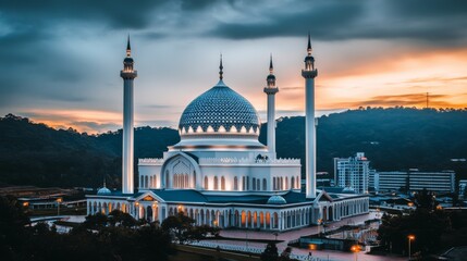 Fototapeta premium Tranquil Mosque Amidst Serene Garden Landscape