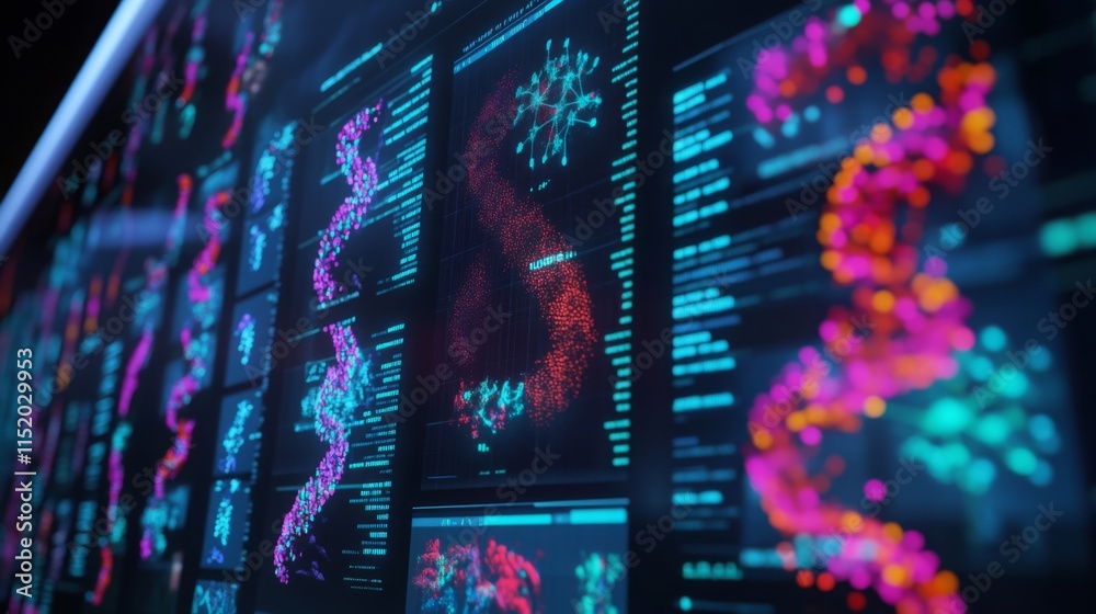 Poster Advanced artificial intelligence systems process complex biological data, represented by vibrant graphics on a digital display.