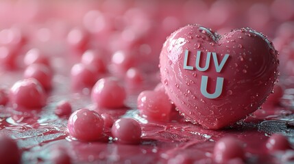 Pink heart with 'LUV U' text surrounded by glossy water droplets and small decorative spheres, creating a romantic and playful atmosphere for Valentine's Day or love-themed designs.