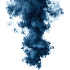A dramatic and ethereal dark blue smoke effect isolated on a transparent or white background.