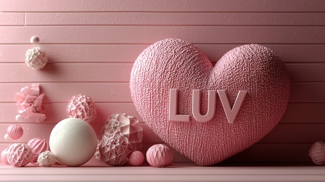 Textured pink heart with 'LUV' text surrounded by decorative paper spheres and pastel elements against a wooden pink wall, perfect for romantic, love-themed, or Valentine's Day designs.