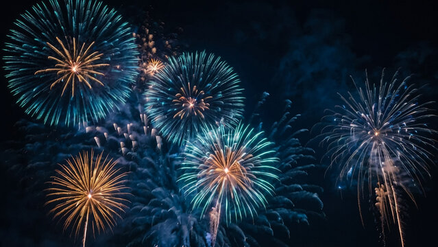 Multicolored bright festive fireworks in the night sky.