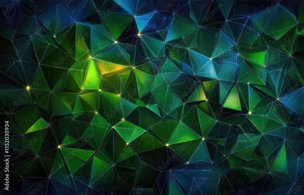 Poster a captivating abstract background featuring an intricate blend of green and blue triangular shapes, 
