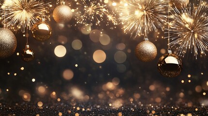 Fototapeta premium Celebration of happy new year with a festive banner featuring golden fireworks and elegant decorations, holiday poster or backdrop for celebration.
