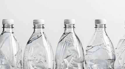 Transparent Wrinkled Plastic PET Bottles in White Studio Background