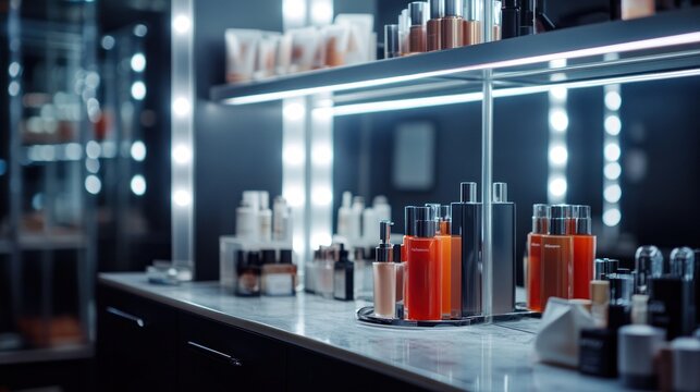 A modern vanity display showcasing various skincare and beauty products.