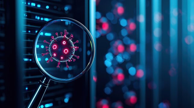 Cyberattack and IT infrastructure, A magnifying glass over a server rack with a malware virus icon, symbolizing cyber threat detection.