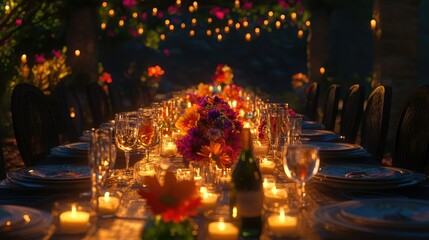 Obraz premium A long dinner table with vibrant flowers and candles glowing softly, complemented by clear plates and wine bottles for an elegant evening.