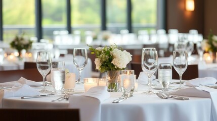 A minimalist wedding table in white, with clean lines, small floral accents, and contemporary candle arrangements.