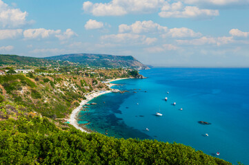 View of paradise Grotticelle Beach from Capo Vaticano Viewpoint - Beautiful landscape scenery near by Tropea, Calabria - Italy
